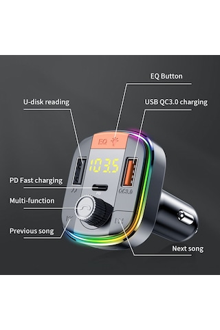 Samdoo Araç Bluetooth Mp3 Çalar - Fm Vericili, Renkli Led Aydınlatmalı, Usb/tf Kart Oynatıcı, Voltaj Kontrollü