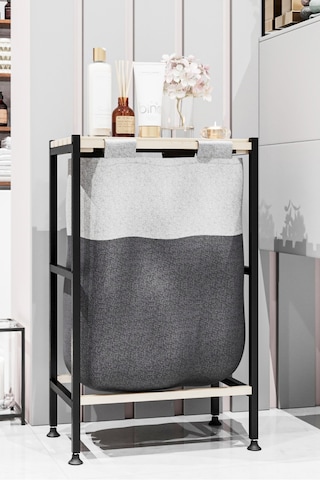 Bino Ahşap Raflı Keten Kumaşlı Banyo Düzenleyici Çamaşır Sepeti Siyah