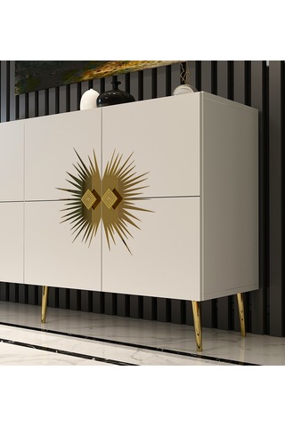 Eda Konsol Tv Sehpası Çok Amaçlı Dolap 150 Cm Beyaz Altın