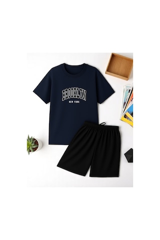 Uyguntarz Unisex Brooklyn Baskılı Tasarım Şort Takım Lacivert