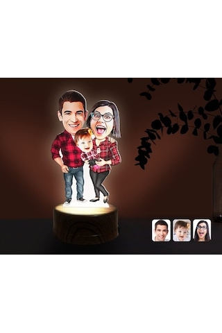 Kişiye Özel Aile Karikatürlü Dekoratif 3D Biblo Led Işıklı Gece L (483006954)