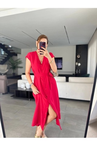 Defymoda Kadınn V Yaka Düğme Detay Kuşak Dahil Elbise Kırmızı