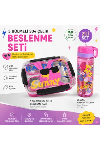 Muzeko Su Mataralı 3 Bölmeli Paslanmaz Çelik Yemek Kabı Sızdırmaz Kapaklı, Suluklu Taşınabilir Beslenme Kabı Mavi 2086 800+600ml Açık Pembe