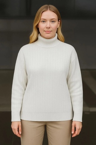 Kadın Balıkcı Yaka Bağazlı Triko Kazak Pamuklu Kalın Fitilli Dokuma - Beyaz Beyaz