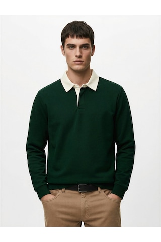 Koton Düğmeli Polo Yaka Uzun Kollu Sweatshirt Yeşil 6wam70082mk Yeşil
