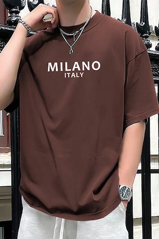 Erkek Milano Baskılı Oversize Tshirt Kahverengi