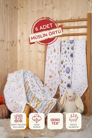 Dijital Baskılı 6lı Çok Amaçlı Müslin Örtü Seti - 75 x 75 Çok Renkli