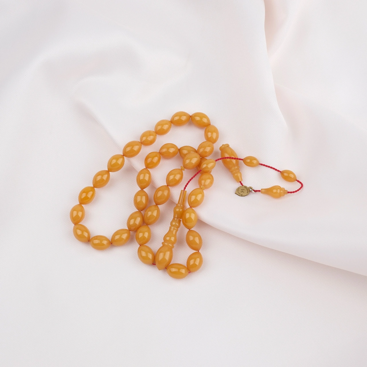 Kadim Katalin Eski Zil Kulpu Obje Usta İşi İmzalı Beyzi Kesim 7x10.5mm Tesbih -sarı Amber Sarı