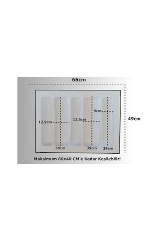 65x49 Cm. 5 Bölmeli Beyaz Çekmece Içi Düzenleyici Kepçelik 60x40 Cm'e Kadar Kesilr Ücretsiz Kesim Beyaz
