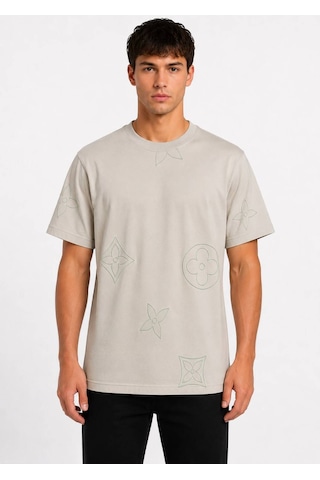 Hzr Wear %100 Pamuk Regular Fit Bisiklet Yaka Kısa Kollu Kabartma Baskılı Erkek Tişört Gri