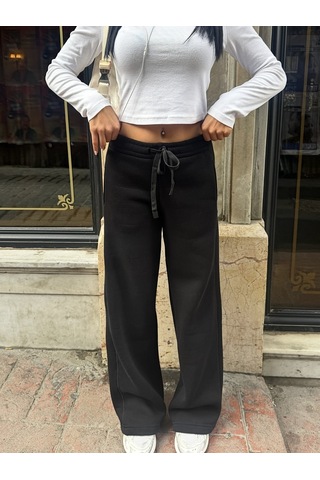 Out Of Standart Kadın Wide-leg Kalıp Beli Lastikli Kordon Detaylı Eşofman Altı Siyah