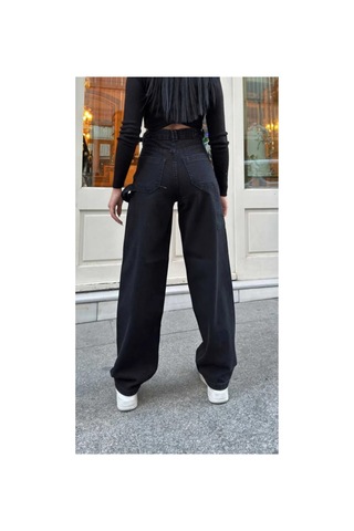 Kene Jeans Yüksek Bel Siyah Yan Kemer Tokalı Kargo Cep/baggy Bol Paça Jeans Siyah