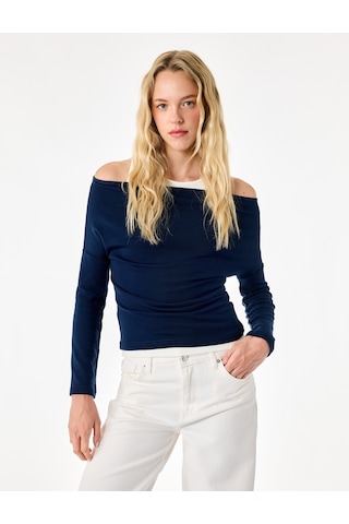 Koton Slim Fit Asimetrik Yaka Katmanlı Uzun Kollu Tişört Lacivert 7wal10328ık