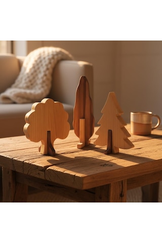 Simdale Wood İsimli Dekoratif Ahşap 3'lü Ağaç Seti Çam, Meşe, Selvi