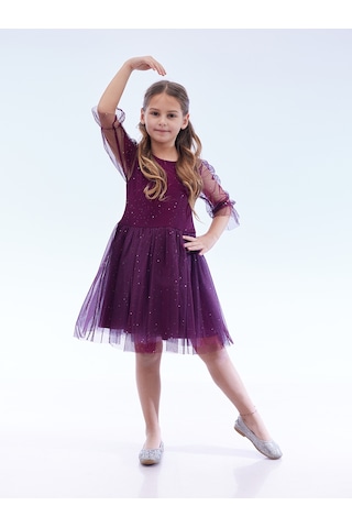 Ahengim Kız Çocuk Yıldız Baskılı Trend Tül Elbise Ak2246 Mor