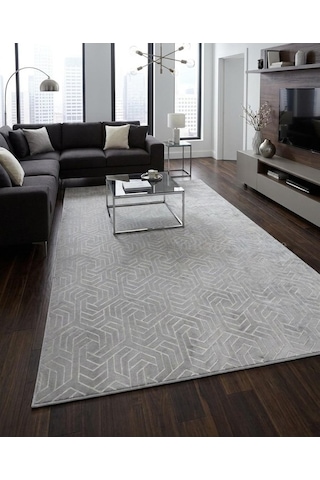 Dinar Armoni Kaymaz Tabanlı Kesme Kabartmalı Yıkanabilir Salon Koridor Mutfak Hali Gri