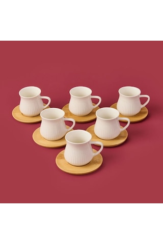 Mien Bambu Tabaklı Çizgili Fincan Seti - Açık Kahverengi / Beyaz - 100 Ml Açık Kahverengi / Beyaz