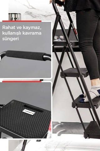51404 Stepla Geniş 4 Basamaklı Katlanır Merdiven Eurotower Siyah