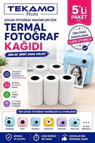 Çocuk Fotoğraf Makinesi Kağıdı Tüm Mini Cihazlarla Uyumlu Rulo 5 Adet Çocuk Fotoğraf Makinesi Kağıdı Tüm Mini Cihazlarla Uyumlu Rulo 5 Adet