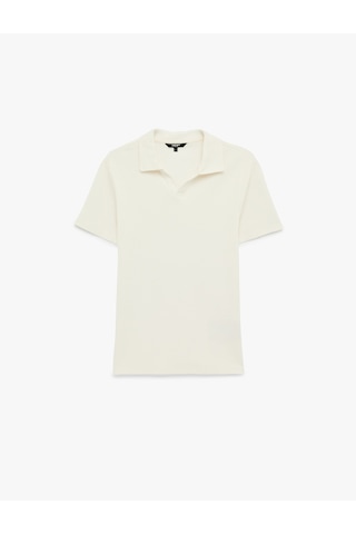 Koton Kısa Kollu Pamuklu Slim Fit V Yaka Polo Tişört Ekru 6sam10074mk