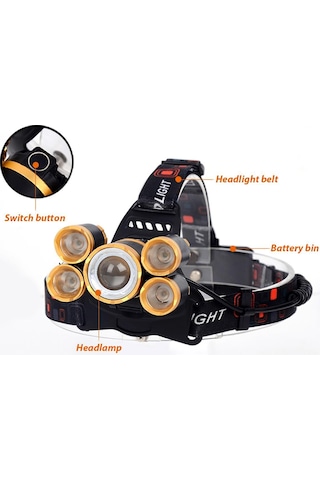 90000lm Elfeland 5xt6 Led Far Şarj Edilebilir Far Kafa Lambası Torch +18650 Siyah