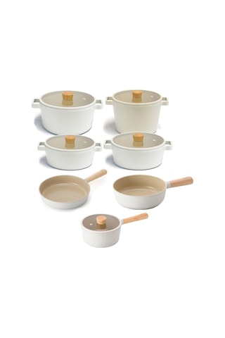 Fika Alüminyum Döküm Cam Kapaklı 12 Parça Tencere & Tava Seti 18s22k22d24k26d24t26w Bej