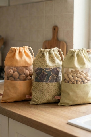 3 Adet Bakliyat Kesesi Büyük Boy 24x34 Erzak Kuru Gıda Saklama Kabı Torbası Fileli Bez Bohem-Set 104