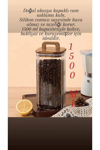 Akasya Kapaklı Cam Kavanoz 1500 Ml Büyük Boy Kahve, Bakliyat&kuruyemiş Saklama Kabı Kahverengi - Şeffaf