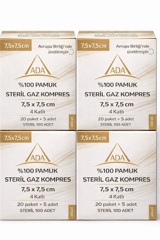 Ada Steril Kompres 7,5x7,5 Cm 4 Katlı %100 Pamuk - 100 Adet 20 Kutu