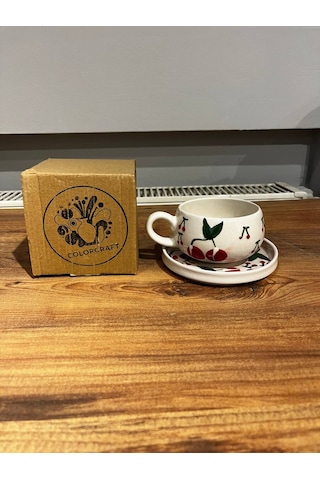 Büyük Kiraz Desenli Tabaklı Seramik Kupa, Mug, Double Türkkahvesi