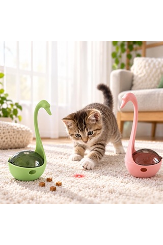 Lazerli Mama Hazneli İnteraktif Kedi Oyuncağı, Ödül Mamalı Kuğu Tasarım, Pilli Hareketli Lazer Oyuncak, Zihinsel Uyarım Ve Egzersiz İçin Kedi Aktivite Oyuncağı, Piller Dahil Pembe