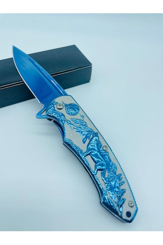 Tobaccotürk724 Kurt Kabartmalı Kamp Bıçak Yarıoto Mavi Metal 20cm Kamp Çakı//ystl2916bl Mavi
