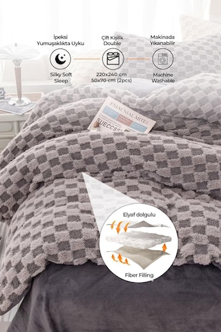 Evlen Home Çift Taraflı Kişilik Kürk Yorgan Uyku Seti Yumuşak Dolgulu Yatak Örtüsü 3 Parça Polo Antrasit
