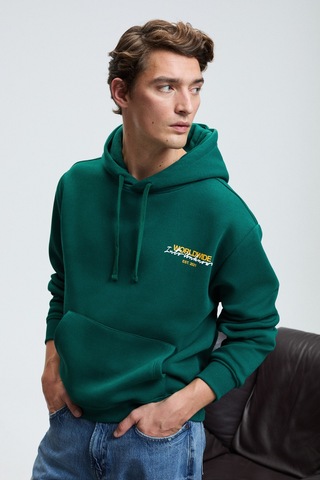 Grımelange PASCAL Erkek Kapüşonlu Kanguru Cepli Önü Ve Sırtı Baskılı Regular Fit Yeşil Sweatshirt