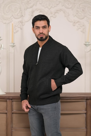 Woolen World Pilot Yaka Fermuar Kapamalı Klasik Kesim Astarlı Çelik Örgü Hırka Antrasit