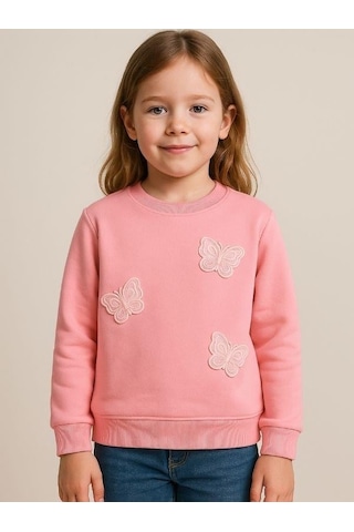 Kız Çocuk Kelebek Desenli Sweatshirt-16229 Pembe