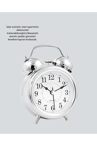 Nrzsnt Yuvarlak Gümüş Dekoratif Işıklı Masa Üstü Saat Alarmlı Sessiz Çalışma