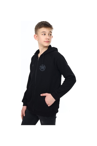 Toontoy Kids Toontoy Erkek Çocuk Kapüşonlu Fermuarlı Cepli Düşük Omuz Baskılı Reglan Kol Örme Hırka - 3 İplik Şardonsuz Siyah