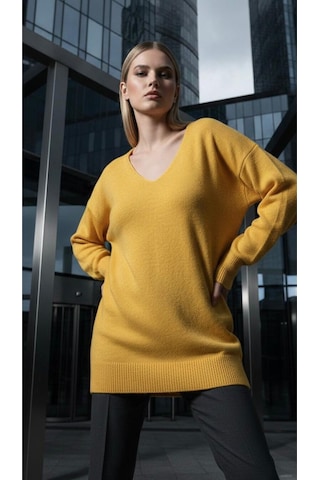 V Yaka Oversize Triko Tunik Sarı Sarı