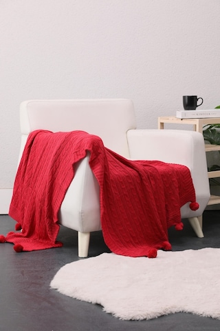 Biocotton Triko Ponponlu Örgü Tv Battaniyesi - Kırmızı