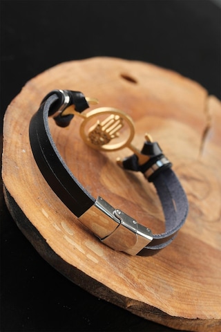 Gold Renk Metal Fatma Ana Eli Tasarım Siyah Renk Deri Erkek Bilek Çok Renkli