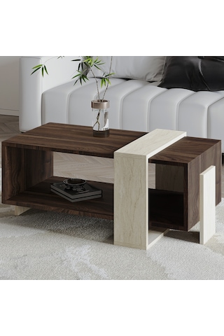 Meleni Orta Sehpa 90 Cm Modern Tasarım Raflı Traverten/ceviz