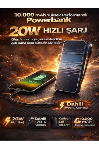 10000mah Karbon Stil Powerbank Dahili Type-c Kablo 20w Hızlı Şarj Taşınabilir Şarj Cihazı Lacivert