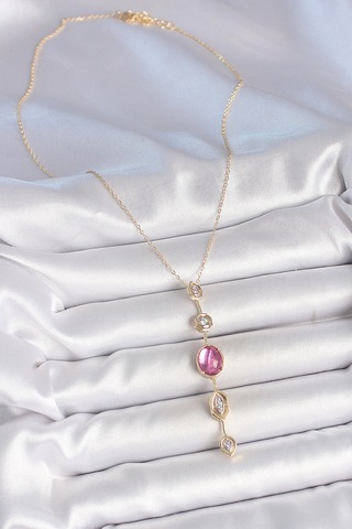 Pirinç Zincir Gold Renk Pembe Zirkon Taşlı Y Kolye Altın - Beyaz