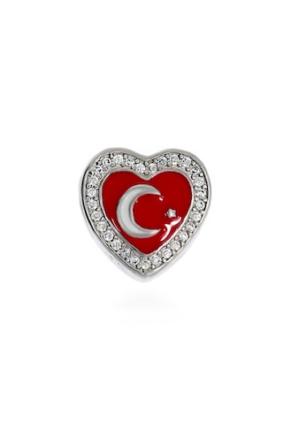 Kadın Taşlı Kalp Model Türk Bayrağı Temalı Gümüş Charm