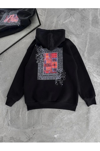 Etiler Collection Uzun Kol Kapşonlu Ön Ve Arka Baskılı Sweatshirt - Siyah