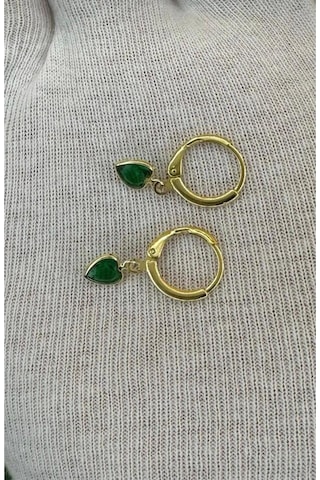 Kadın Gold Renk Kalpli Zirkon Taşlı Minimal Küpe Yeşil