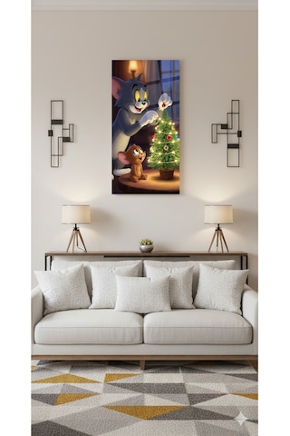 Tom Ve Jerry Yılbaşı Temalı Cam Tablo Çocuk Odası & Salon Dekorasyonu, Dekoratif Duvar Tablosu