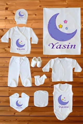 İsim Baskılı %100 Pamuk Baskılı 10 Lu Organik Erkek Bebek Hastane Çıkışı Beyaz