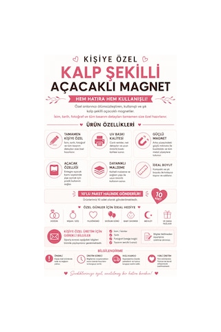 Kişiye Özel Kalp Şekilli Açacaklı Magnet 10 Lu Set Fotoğraflı İsimli Uv Baskılı Düğün Nişan Hediyelik